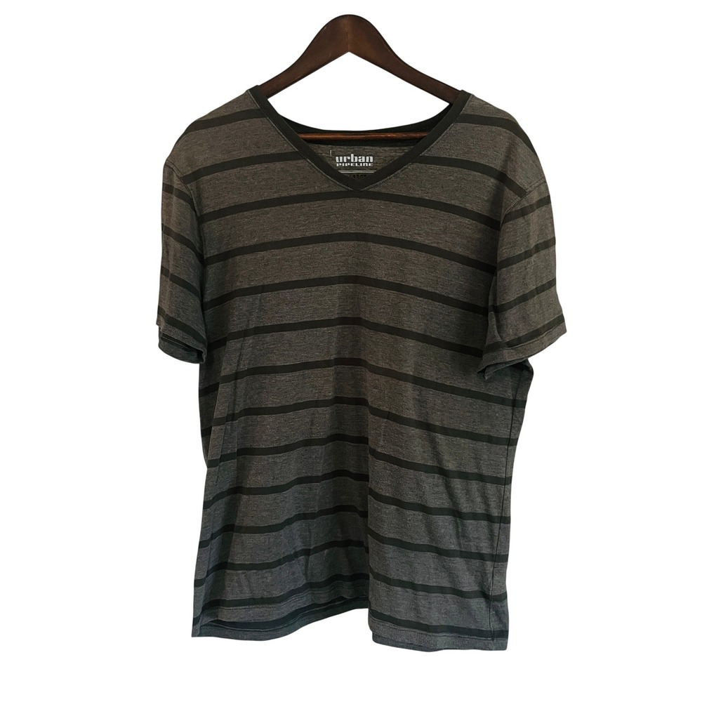 Mens Grunge Indie Striped V-Neck T-Shirt Large Green Black Casual Short Sleeve
